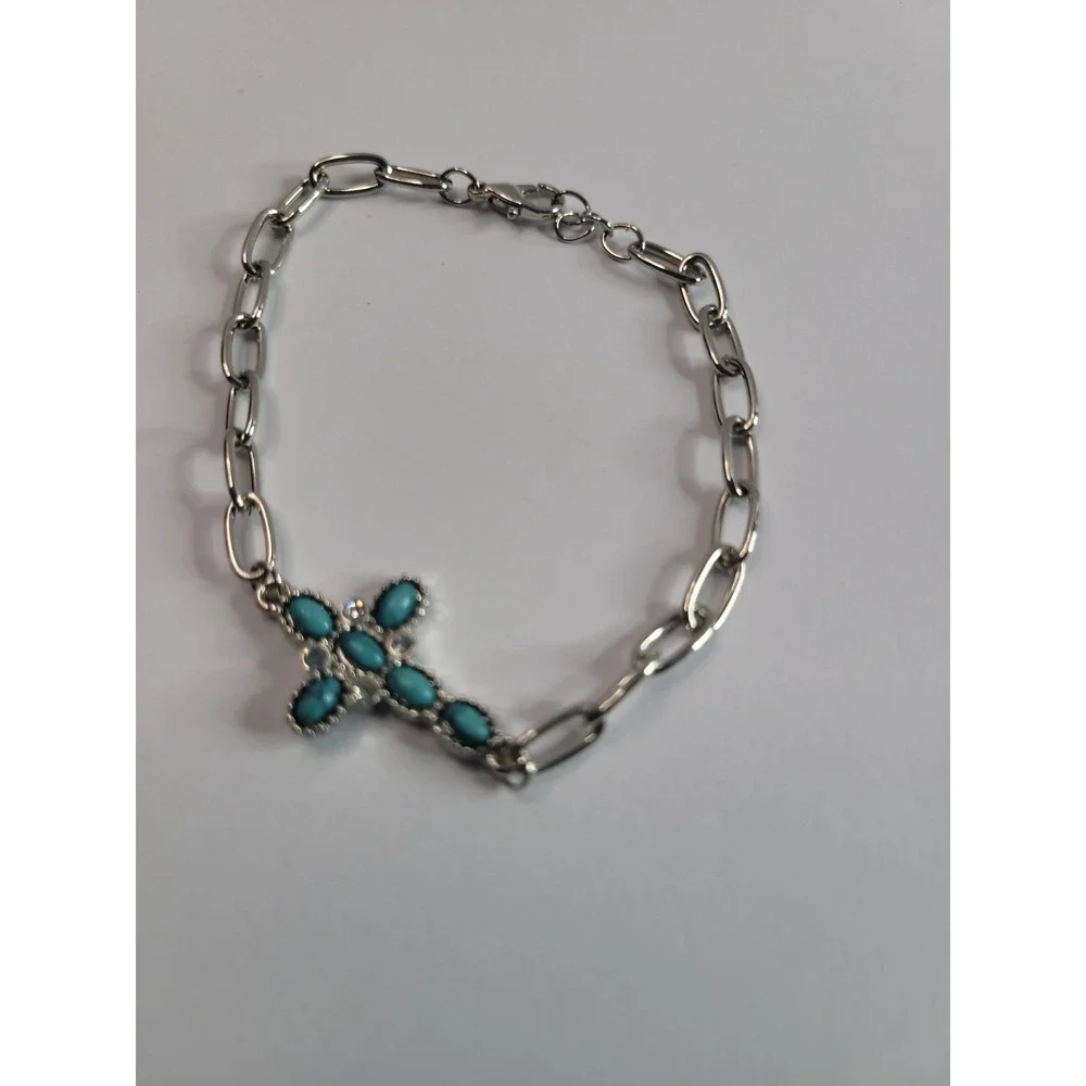 Silver Tone Blue Bracelet Cabochon Cross Bracelet Paperclip Chain Western Boho